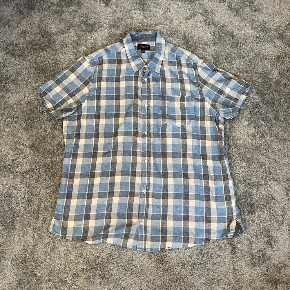 Wallin Bros Blue Gray White Short Sleeve Button Up Shirt Plaid Men's Size 2XL